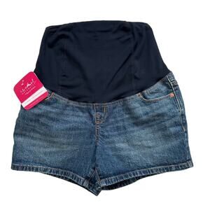 Isabel Maternity Crossover Panel Stretch Denim Jean Midi Shorts Size 2 NEW